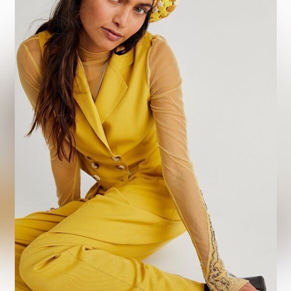 NWT Free People Gabbie Vest Suit Tuxedo Cropped Tailored Slim Collared Mustard - Picture 4 of 16